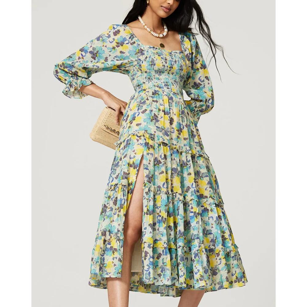 LoveShackFancy Floral Midi Dress in Yellow, Blue, Green